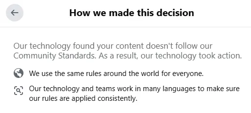 Facebook notification "Our technology found your content doesn't follow our community standards."